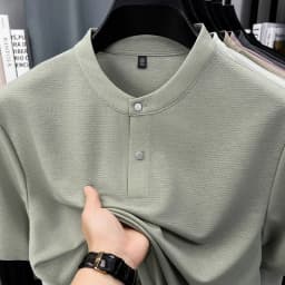 2026 New Men's Single Button Henley Neck Tee Comfortable Textured Fabric Short Sleeve For Casual And Business