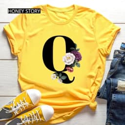 Large Size Yellow T-shirt for Men And Women with Black Fashion Trend Print of Flowers 26 English Letters Casual Short Sleeve Top