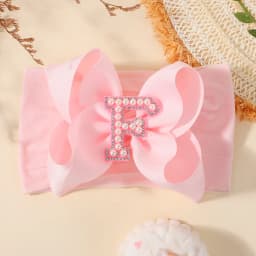 26 Letters Pink Big Bows Pearl Headbands for Baby Girls 5.98'' Wide Nylon Knotted Soft Elastic Hair Bands Wraps Headwear 1PCS