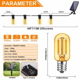 Outdoor Solar String Light Waterproof E12 Glass T22 Amber Bulbs 1W LED Retro Patio Lights for Outside Backyard Bistro Garden