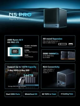 MINISFORUM N5 Pro AI NAS Mini Server AMD Ryzen AI 9 HX PRO 370 Ryzen 7 255 DDR5 5-Bay NAS Home Server OCuLink PCIe Expansion