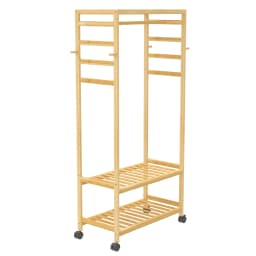 Rolling Bamboo Clothes Rack with Shelves and Hooks, Freestanding Garment Rack Organizer for Bedroom, Laundry Room and Entryway