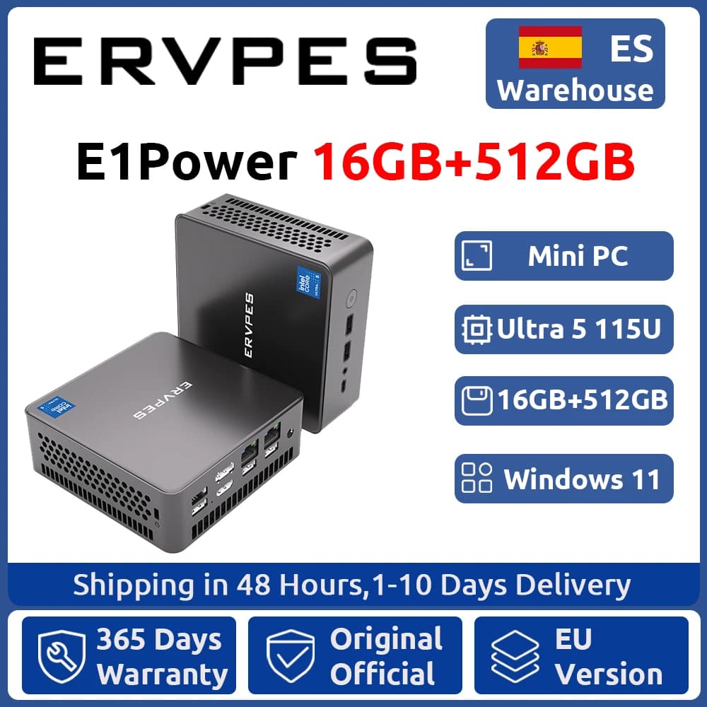 ERVPES E1Power Mini AI PC Intel Core Ultra 5 115U 8 Cores 10 Threads 16GB LPDDR5 512GB SSD WiFi Bluetooth USB HDMI Type-C Windows 11 Wifi 6 BT5.0