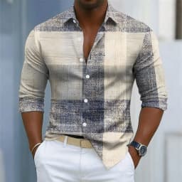 Men's retro plaid print long-sleeved shirt, button-down front for everyday wear, relaxed fit, business casual top.