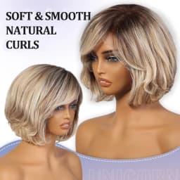 Blonde Remy Human Hair with Bangs Body Wave Short Bob Wigs Lace Frontal Wigs for White Women Daily Use 12 Inches Wavy Wigs Daily