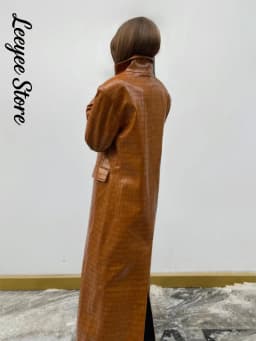 Crocodile Embossed Faux Leather Long Jackets Chic Wide Lapel Belted Waist Quarter Sleeve Loose Coat Women Street Chic Outfits