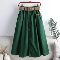 2025 Spring Summer Women Washed Cotton Elastic High-waist Skirt Pocket Belt Solid Long A-line Skirts Split Hem All-match Skirts