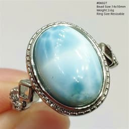 Natural Blue Larimar Adjustable Ring 925 Sterling Silver Larimar Gemstone Women Men Water Pattern AAAAA