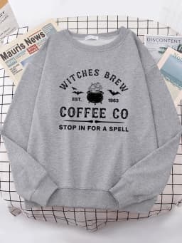 Witches Brew Coffee Letter Printing Simple Autumn Womens Sweatshirts Casual Fleece Long Sleeves Warm All-Match Woman Pullover