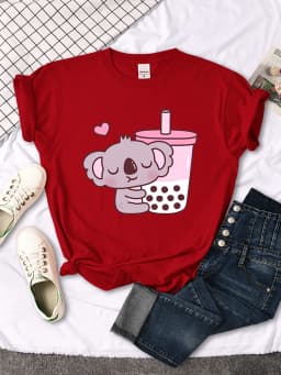 Koala Like Drink Milk Tea Cute Print T-Shirt Womans Kawaii Cartoon Graphic Clothes Womens Oversize Harajuku Funny Girls Tshirts