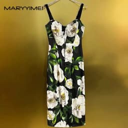 MARYYIMEI Spring Autumn Women's Dress Spaghetti Strap Backless High waist Pretty Slim-Fit Hip Wrap Print Silk Dresses
