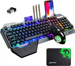 Wireless Gaming Keyboard and Mouse Set Rainbow/RGB Backlit Rechargeable Keyboard and 7 Color Gaming Mute Mouse with Pad
