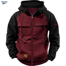 Reebok Men's Zippered Patched Warm Fleece Pullover for Autumn/Winter - Multiple Pockets - Stylish Hooded Jacket - Thick Outdoor