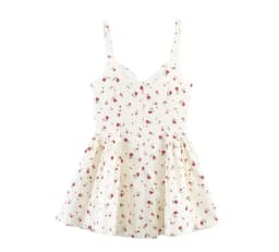 Sexy Beige With Red Floral Print V Collar Sling Mini Dress Women Backless Low Waist Ruched Swing Dresses Femme Vestidos Robe