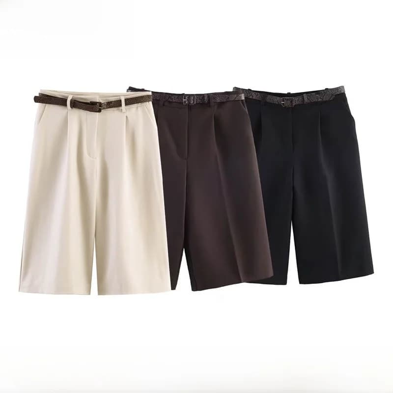 Spring Summer New Arrival Women's Casual High Waist Long Short Pants Fashionable Versatile Belt Included Commute Style Polyes...
