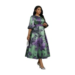 Women Plus Size Round Neck Puff Three Quarter Sleeve Floral Print Midi Dress Elegant A Line Flared Dress For Wedding Guest Formal Occasion
