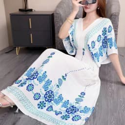n Long Print Dr V-Ne Slimming Cotton Silk Beachwear Casual High Waist Summer Women's Loose Fit Overhead Dr