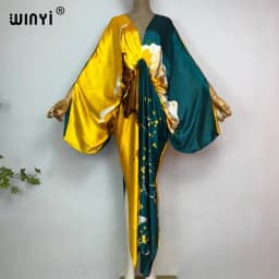 Sexy Beach High-Quality Hand-Rolled Feel Silk Rayon Fashion Print 2021 WINYI Maxi Women's Robes Long Beach V-Neck Bohemian Dress