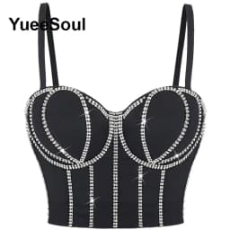 Black Y2K Tops White Rhinestone Sequins Tassel Slim Crop Top New Gothic Party Club Wedding High Street Sexy Corset Top Camis