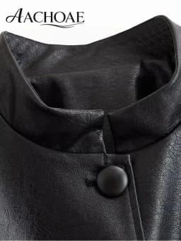 AACHOAE Women PU Leather Jacket Belted Waist Coat Stand Collar Button Front Long Sleeve Casual Vintage Faux Leather Outerwear