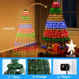 Smart Christmas Tree Lights, DIY Color Changing Waterfall Xmas Tree Lights with Ring & Top-Star, RGB-IC Dynamic String Light