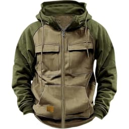 Model Retro Workwear Hooded Sweatshirt, Men's Zipper solid-color Warm Sports Shirt With Multiple Pockets Hooded Jacket