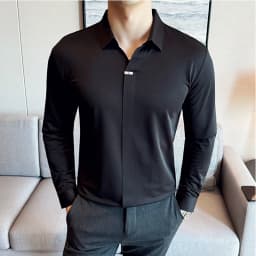High Elastic V-neck Non-marking POLO Shirt 2024 Autumn New Long sleeved Casual Business Solid Color T-shirt Men's Clothing