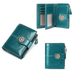 New Women RFID Blocking Genuine Leather Wallet Vintage Sunflower Buckle Short Purse 16 Card Slots ID Window Zipper Female Wallet