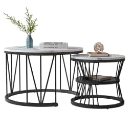 Rosahqnda Marble Look Coffee Table,Round Gold/Black Frame,Set of 2,Modern Living Room Stackable Table,Side Table for Living Room