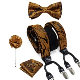 Luxury White Men's Suspenders Adjustable 6 Clips Braces DiBanGu Leather Metal Pre-Tied Bow Tie Brooch Pocket Square Set