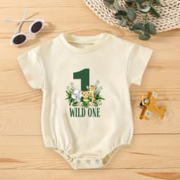 Wild One Animal Printed Short Sleeve Bubble Romper Newborn Oversized Jumpsuit Infant Birthday Party Clothes Baby Shower Bodysuit