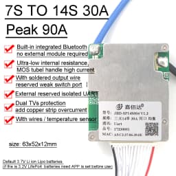 JBD Bluetooth 7S to 14S 13S Lithium Battery Protection Board Smart BMS Balance 24V 36V 48V 52V Li-ion Lipo 8S 12S LifePo4 30A
