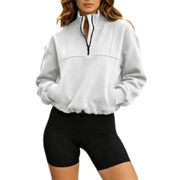 Women Half Zip Cropped Sweatshirt Stand Collar Long Sleeve Drawstring Hem Pullover With Pockets Loose Casual Y2k Cropped Hoodies