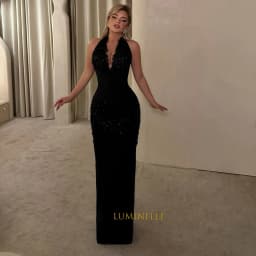 Customized Black Lace فساتين سهرة Sequins Evening Dresses Sleeveless Floor-Length Vestidos De Noiva Halter Neck Mermaid Gowns