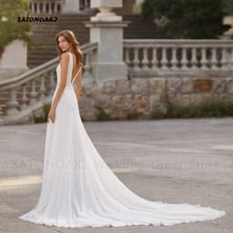 Customized Elegant Boho Lace Chiffon Wedding Dress for Bride A-Line V-Neck Appliques Sweep Train Bridal Gown Vestidos De Novia