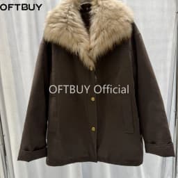 OFTBUY Winter Warm Real Suede Jacket Button Thick Padded Fashion Loose Outerwear Women Luxury Fox Fur Collar Goose Down Parka