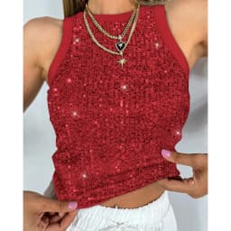 Women's U-Neck Allover Sequin O-neck Sleeveless Tank Tops Slim Fitted Shirt