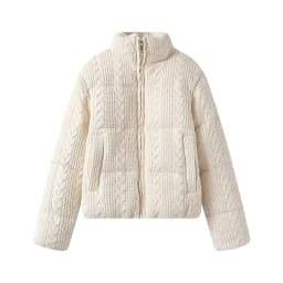 Women's Knitted Texture Stand Collar Zip Cropped Jacket Winter Warm Loose Casual Coat (Brown/Black/White)