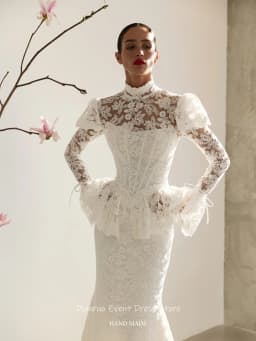 Dianruo Modest High Neck Wedding Dress Long Puff Sleeves Mermaid Vestido Novia Civil Appliques Vintage Robe De Mariée Customized