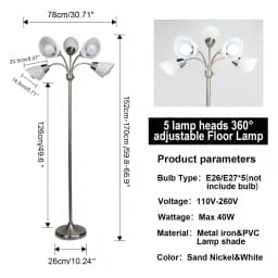 Modern Reading Floor Lamp Stand Up Lamps with Adjustable Arms 5 Head PVC Lampshade Sand Nickel Modern Bright Tall Metal Pole Lamp