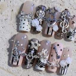 10PCS Musical Notes Retro Vintage Nail Art Y2K Gyaru French Handmade Press on Nails 3D Rose Lock Bow Pink Fake Nails Cute