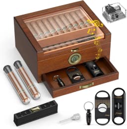 Cigar Humidor with Built-in Music Box System and Cedar Wood Tray-Transparent Top Desktop Humidor,Digital Hygrometer & Humidifier