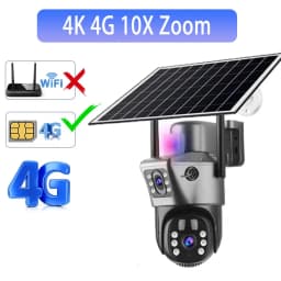 Solar Outdoor Surveillance Camera 4G Sim 6K 12MP Three Lens 10 Digital Zoom Wireless Cctv PTZ IP66 Security Solar Panel Cameras