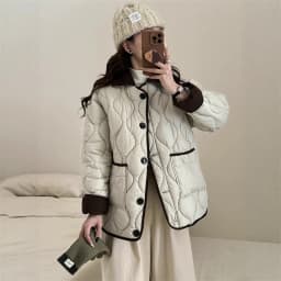 Autumn Down Cotton Padded Jacket Women's 2025 Contrast Lapel Rhombic Thin Short Loose Spring Cotton Padded Casual Coats Female