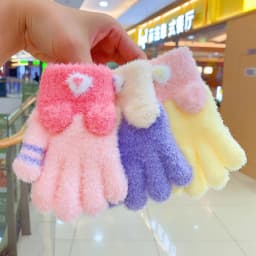 3-6 Years Winter Fuzzy Plush Gloves 3D Plush Animal Ears Color‑Block Windproof Warm Full Finger Gloves For Toddler Boys Girls