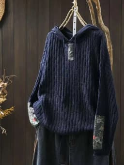 Floral Prrint Patchwork Vintage Style Women's Knitted Sweatshirt Autumn Fashion Long Sleeve Loose Casual Hoodie Female Pullovers