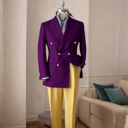 Timeless Men's Navy Blue Double Breasted Suit Summer Breathable Casual 2Piece Set Jacket+Yellow Linen Pants Wedding Groom Attir