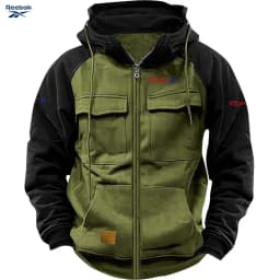 Reebok Men's Zippered Patched Warm Fleece Pullover for Autumn/Winter - Multiple Pockets - Stylish Hooded Jacket - Thick Outdoor