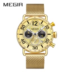 MEGIR Waterproof Quartz Watch with Blue Dial Chronograph Stainless Steel Mesh Strap Date Multifunctional Sports Wristwatch Brig