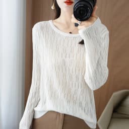 Autumn New Ladies Soft Breathable Sweater Wool Blend O-Neck Pullover Curved Hollow Out Knitted Sweater Slim-Fit Commuter Tops